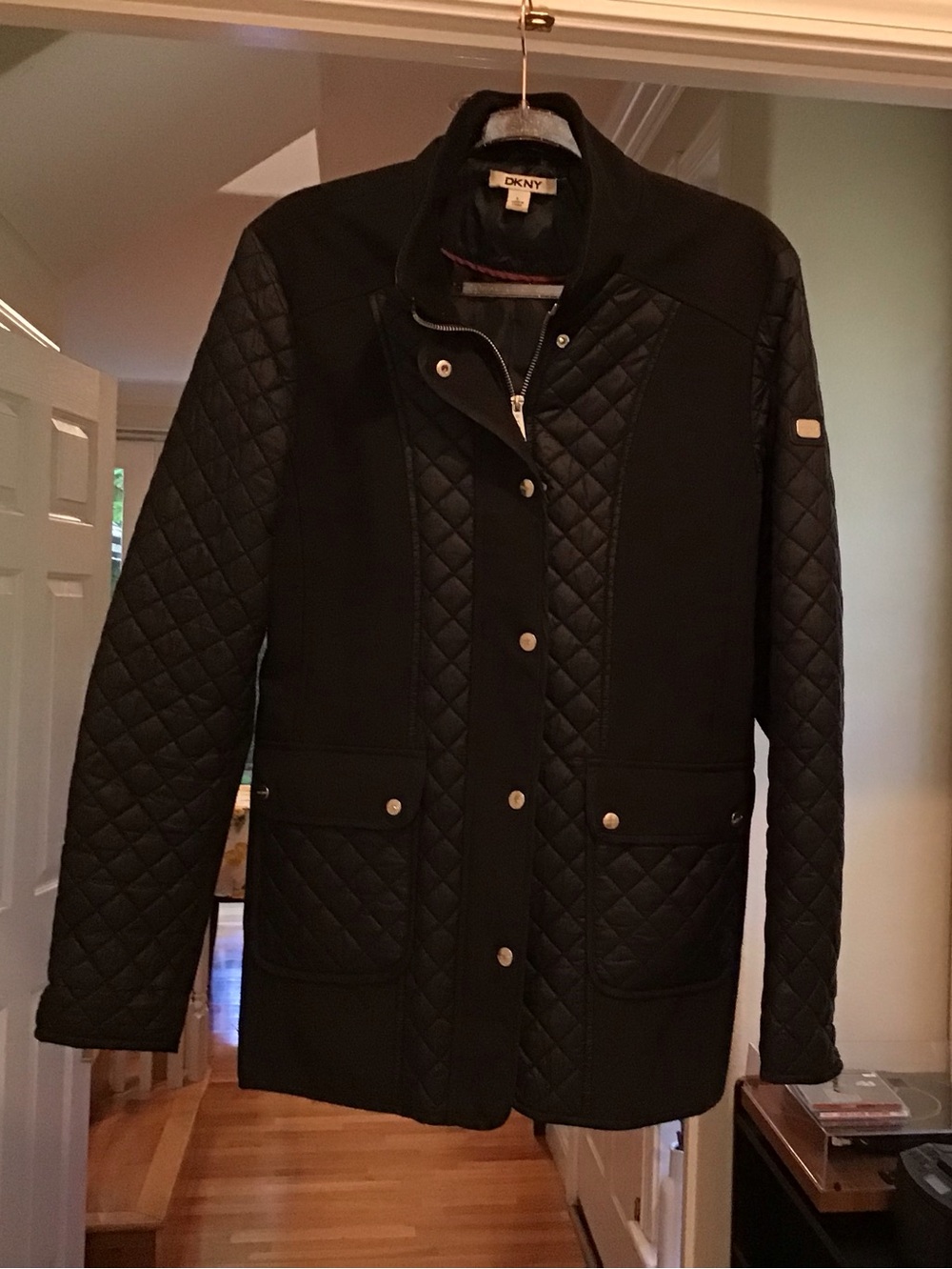 DKNY Black Quilted Puffer Coat with Snap Front